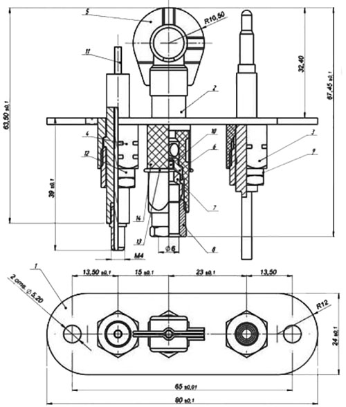 Рис.1. Схема габаритных размеров горелки ЗГ-Д-ОВ серия 1443-130